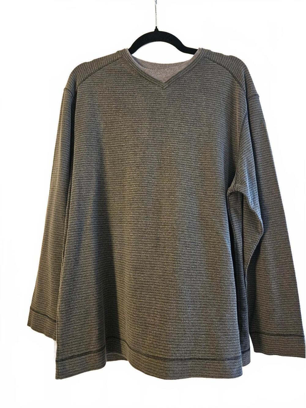 Method Men's Long Sleeve Olive Green & Gray Striped Crewneck Shirt-Size Large